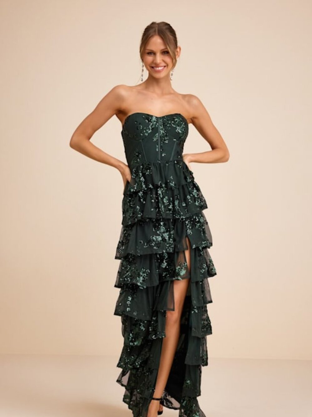 Lulus Definite Glamour Emerald Sequin Strapless Bustier Maxi Dress Green